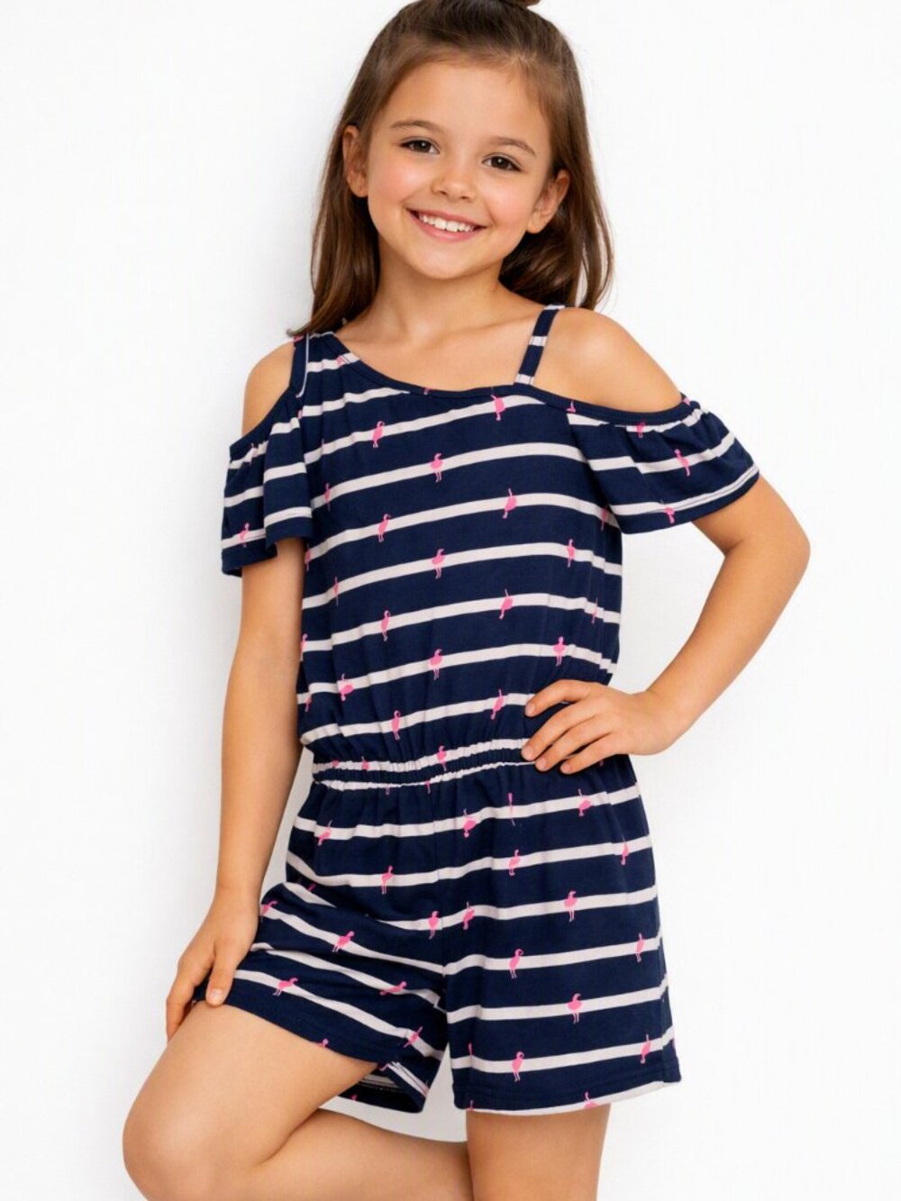 Arizona Jeans Flamingo Romper One Cold Shoulder Striped Navy White Small 7/8 Reg
